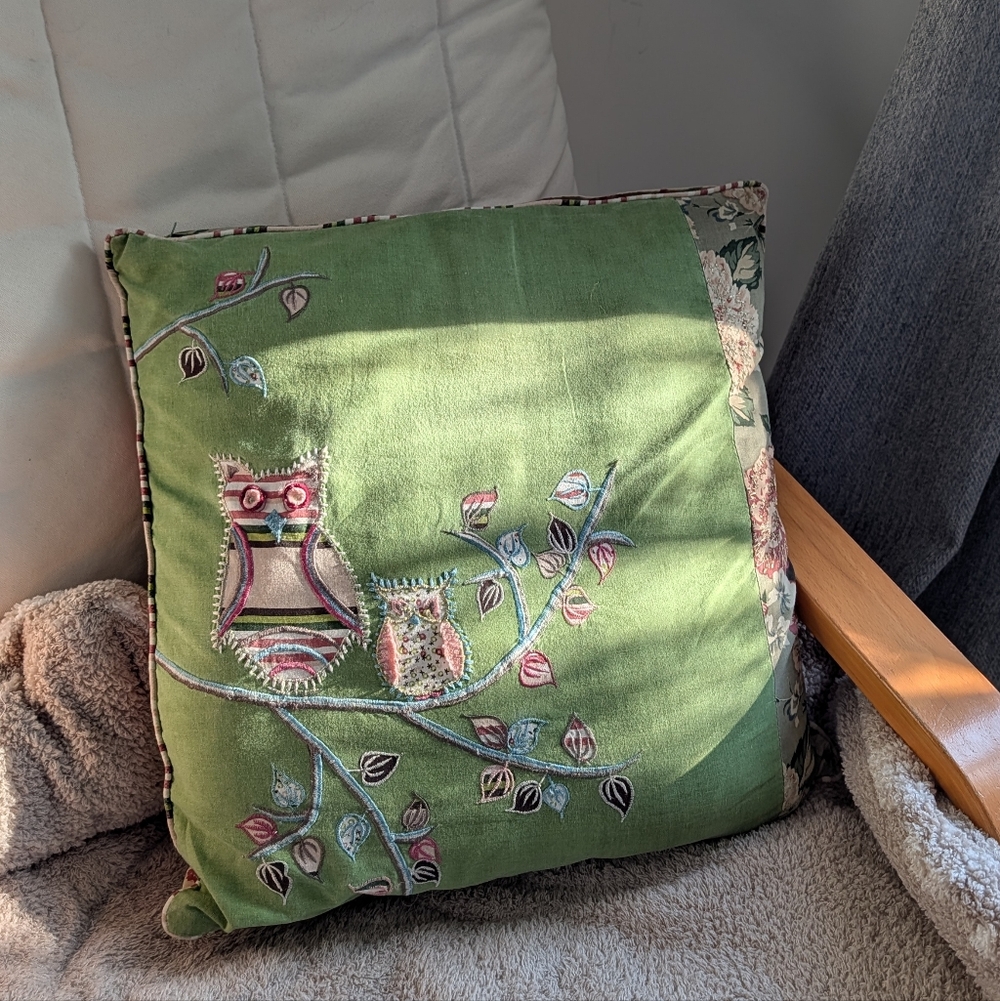 Green Owl Embroidered Cushion Cover